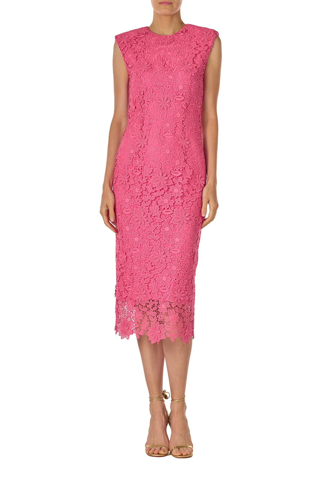 Monique Lhuillier Spring 2025 sleeveless lace sheath dress in hibiscus pink 3d lace - front.