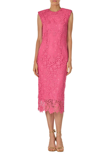 Monique Lhuillier Spring 2025 sleeveless lace sheath dress in hibiscus pink 3d lace - front.