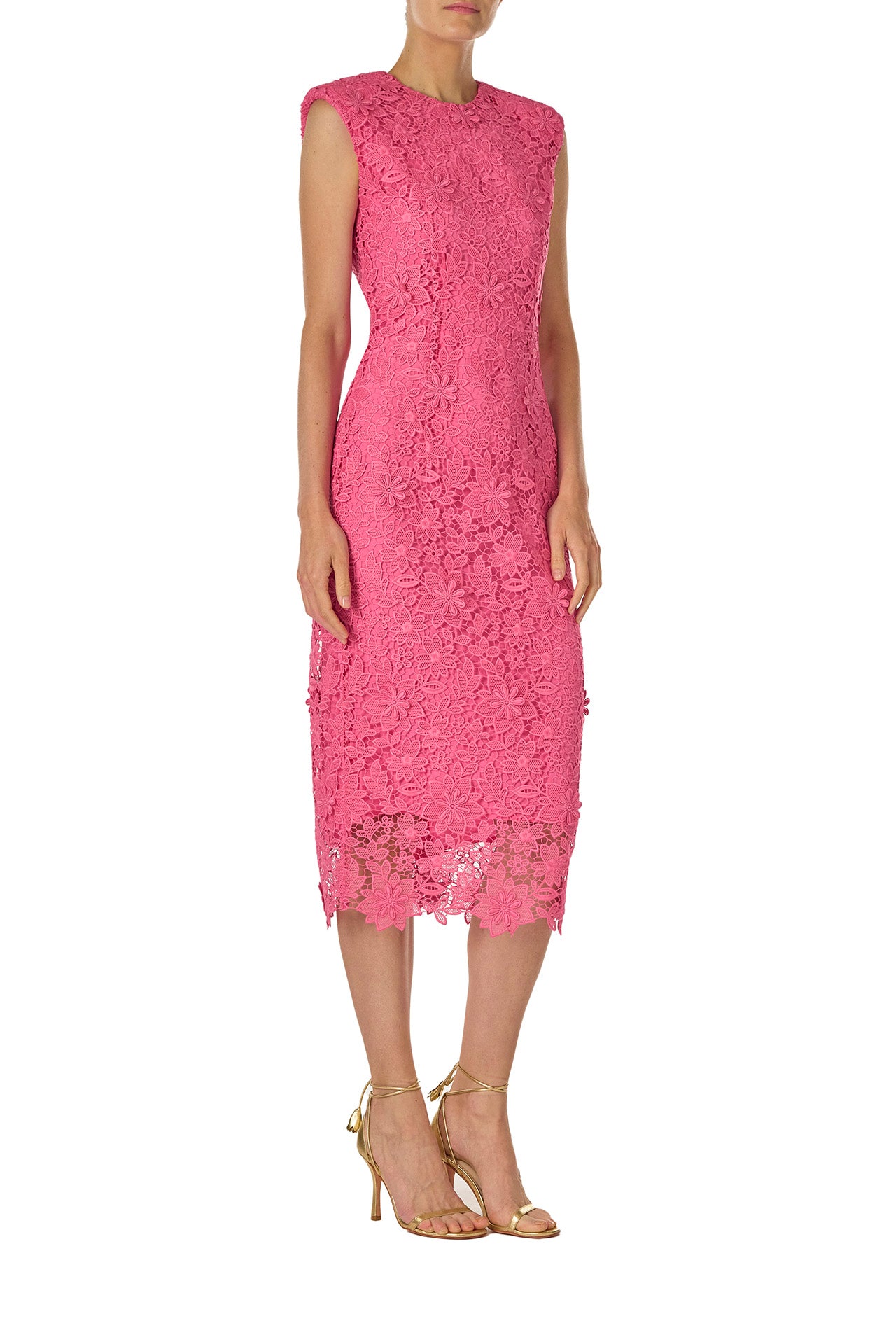 Monique Lhuillier Spring 2025 sleeveless lace sheath dress in hibiscus pink 3d lace - right side.