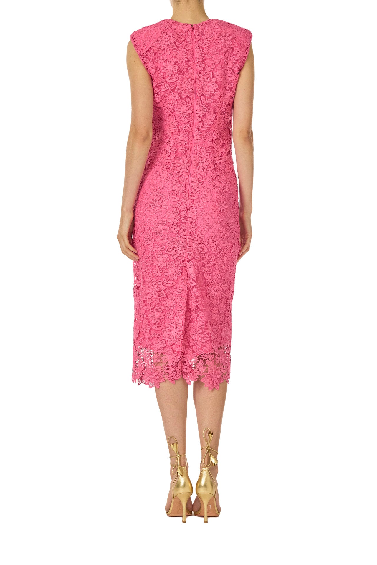Monique Lhuillier Spring 2025 sleeveless lace sheath dress in hibiscus pink 3d lace - back.