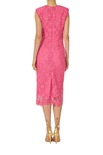 Monique Lhuillier Spring 2025 sleeveless lace sheath dress in hibiscus pink 3d lace - back.