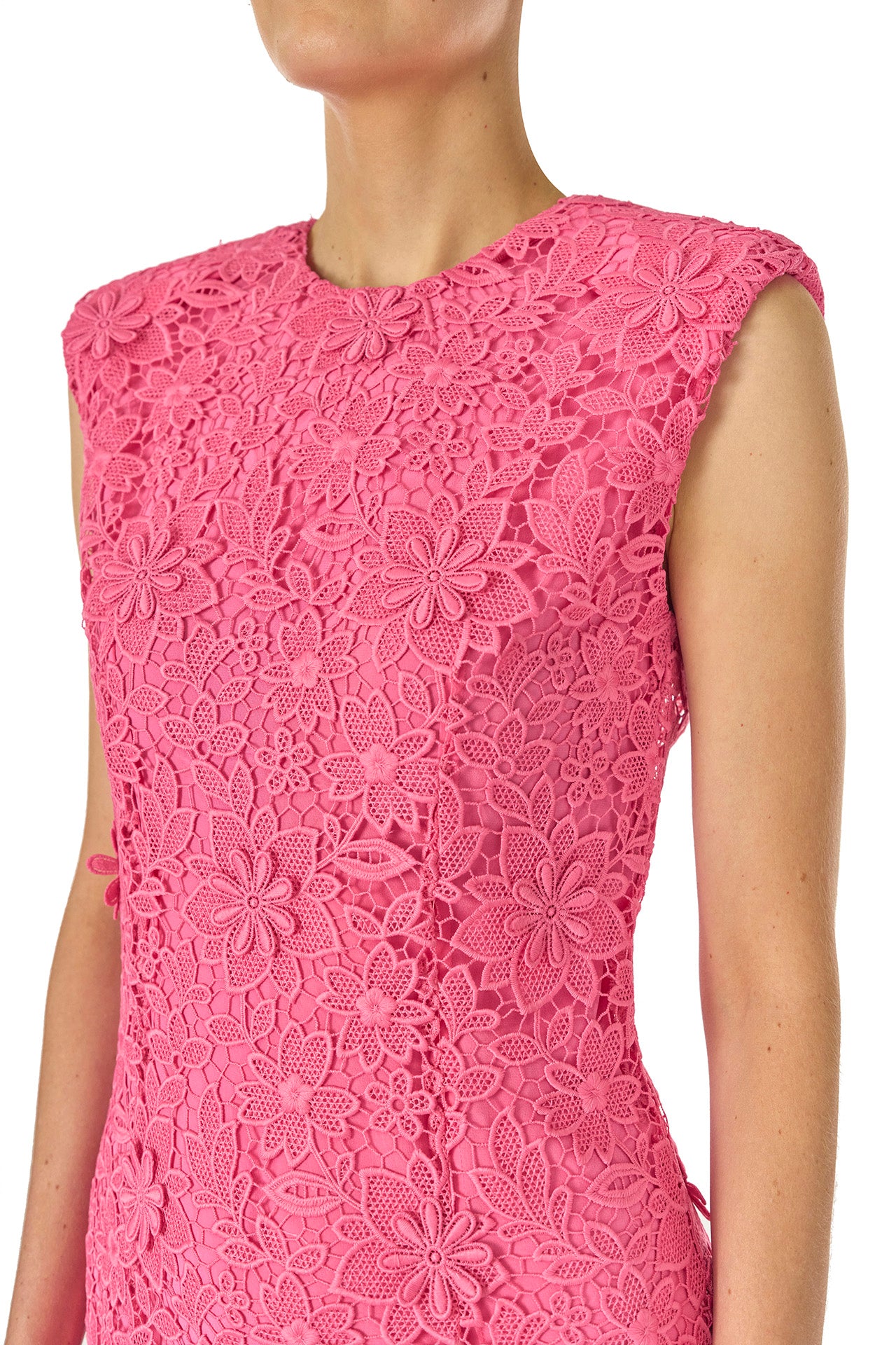 Monique Lhuillier Spring 2025 sleeveless lace sheath dress in hibiscus pink 3d lace - fabric.