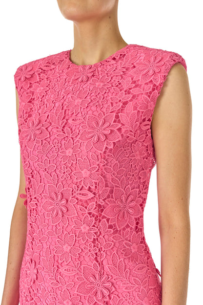 Monique Lhuillier Spring 2025 sleeveless lace sheath dress in hibiscus pink 3d lace - fabric.