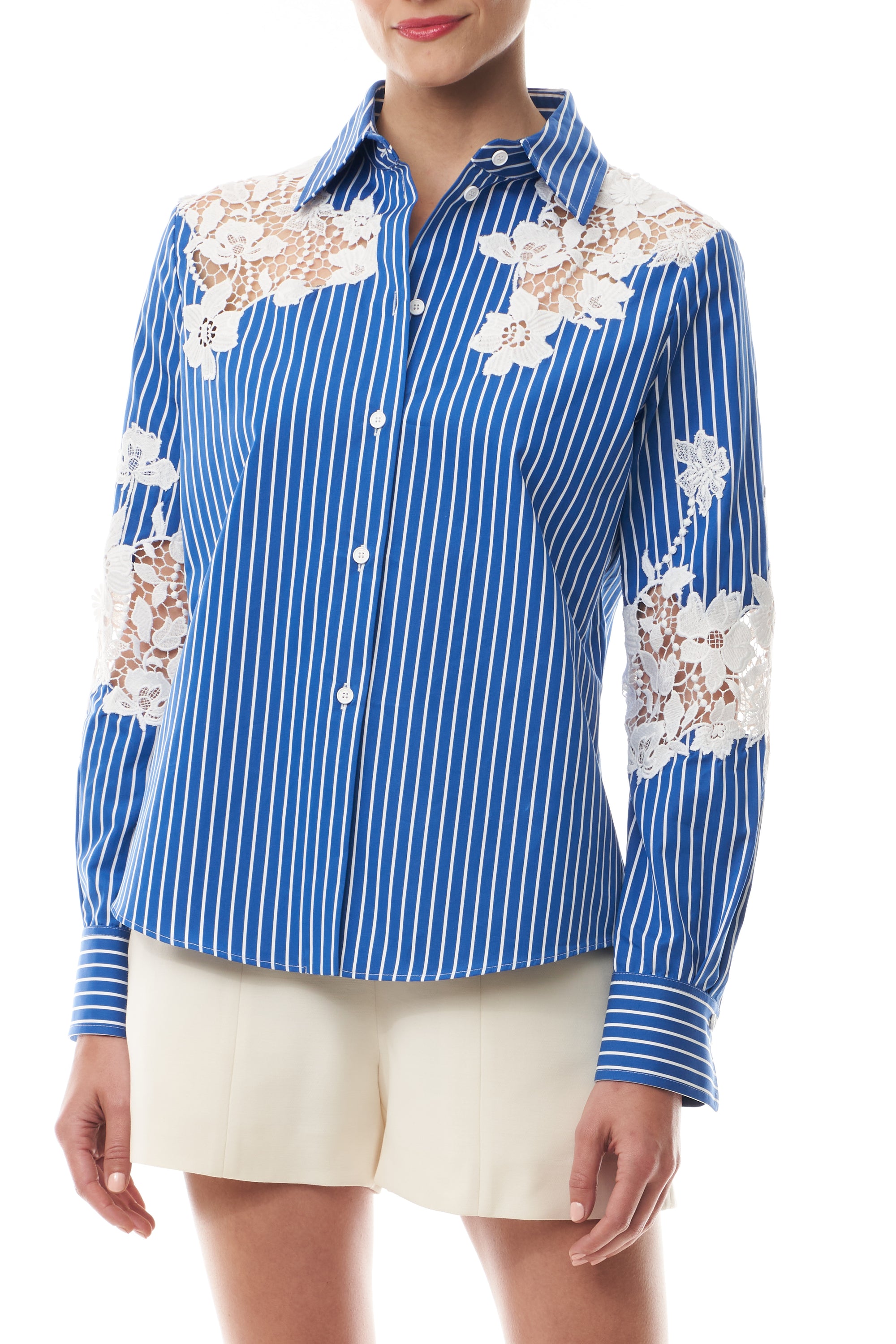 Monique Lhuillier Spring 2025 Long sleeve, button front collared striped shirt with lace detailing in Nautical Blue poplin with White lace details  - front crop.