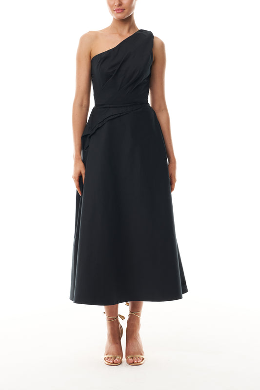 Monique Lhuillier Fall 2025 Noir cotton poplin one shoulder draped day dress - front. 