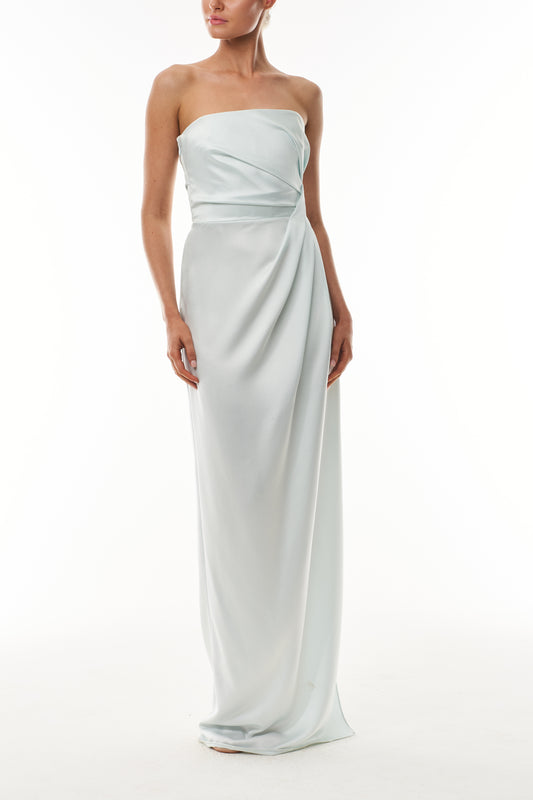 Monique Lhuillier Fall 2025 Mist draped strapless column gown in crepe back satin - front.