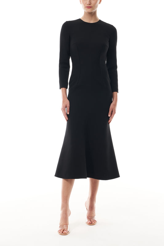 Monique Lhuillier Fall 2025 Noir Long sleeve midi dress in lightweight silk wool suiting - front.