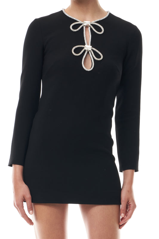 Monique Lhuillier Fall 2025 Noir Crystal bow key-hole mini dress in lightweight silk wool suiting - fabric.