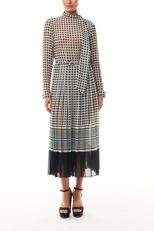 Monique Lhuillier Fall 2025 Ivory/Multi Geometric Printed Georgette Scarf neck pleated day dress- front.