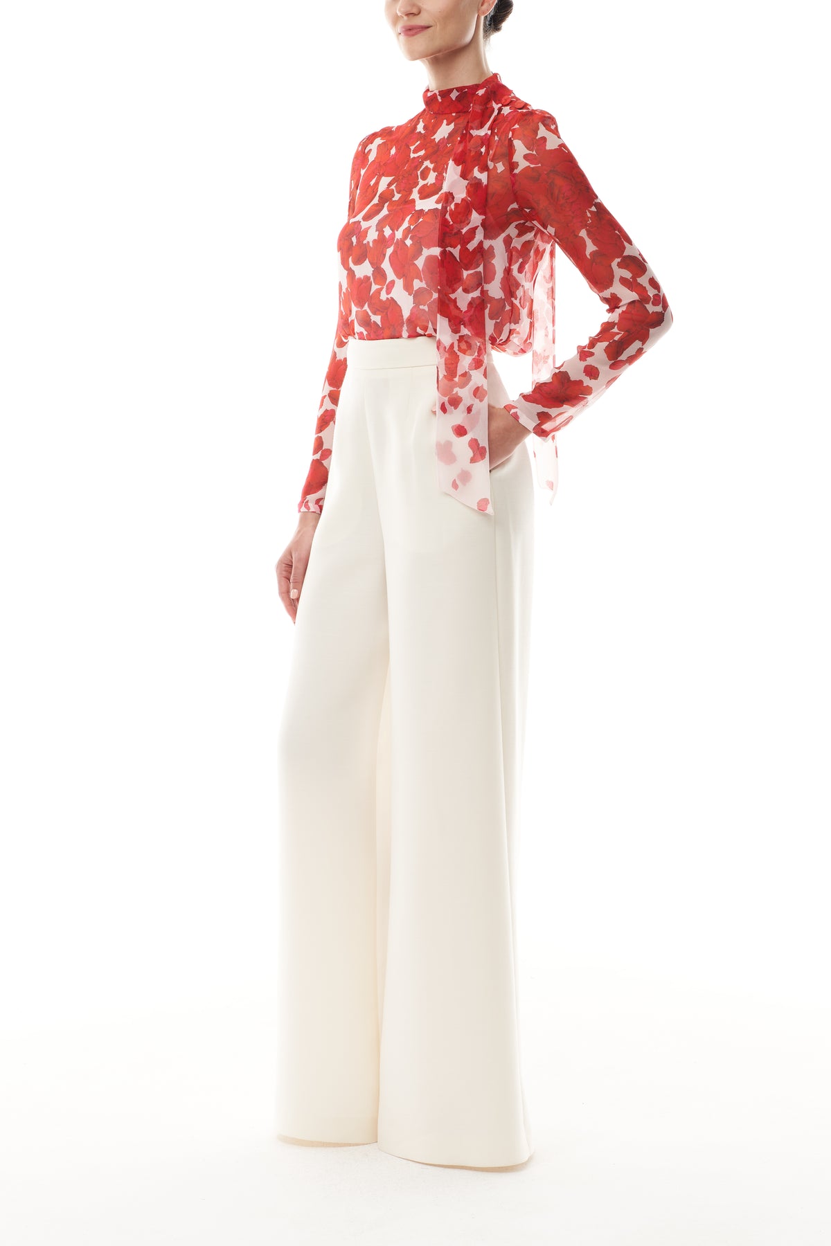 Monique Lhuillier Fall 2025 Candy/Multi Rose Petal Printed Chiffon scarf neck blouse- side.