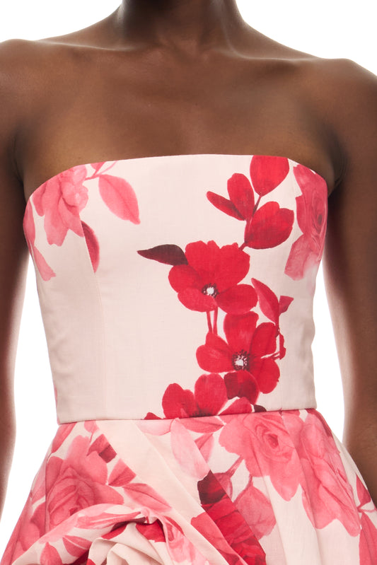 Monique Lhuillier Spring 2026 Powder Pink Multi Rose Ombre Printed Linen Strapless mini dress with rosette draped bubble skirt - fabric.
