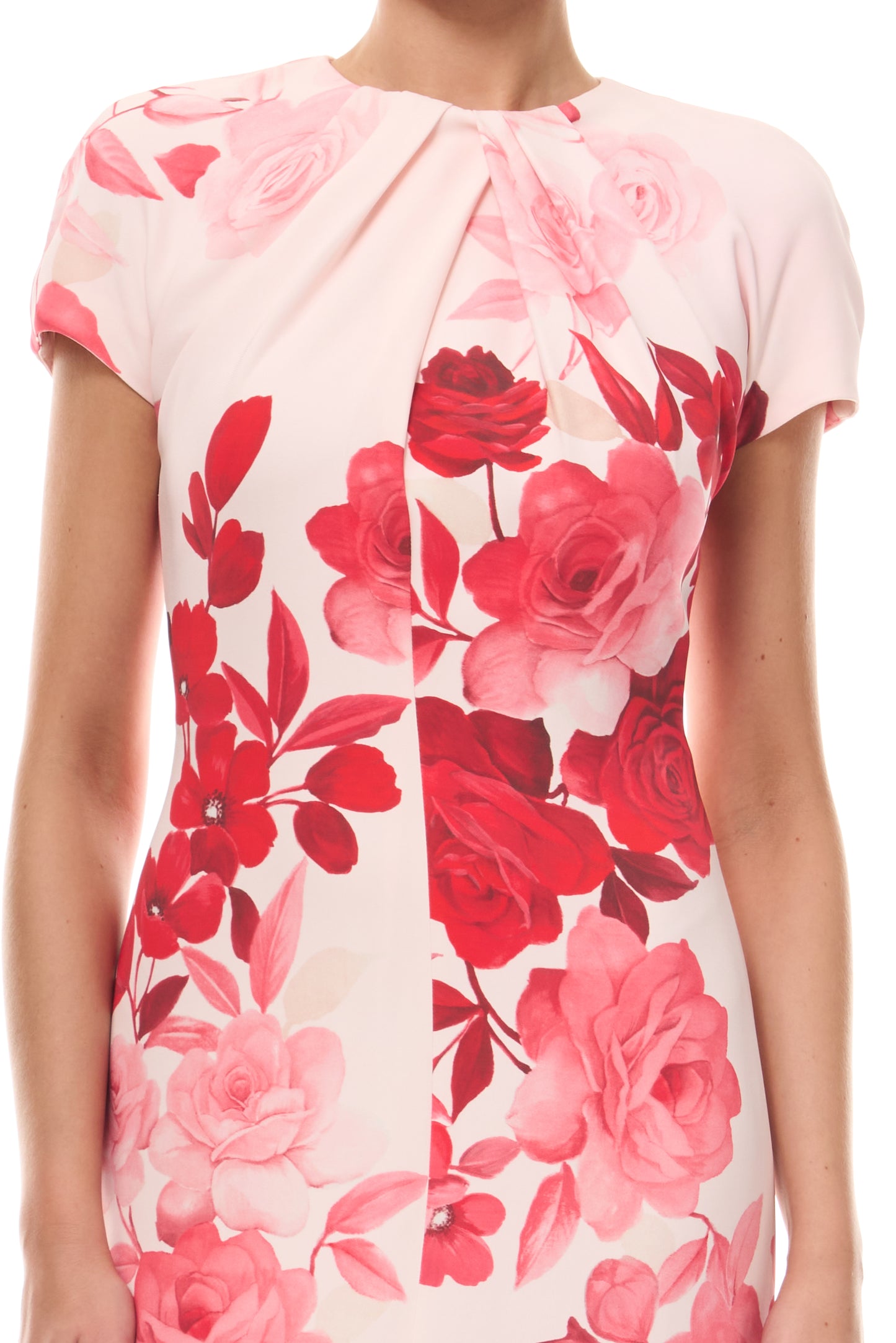 Monique Lhuillier Spring 2026 Powder Pink Multi Rose Ombre Printed Crepe Draped neckline cap sleeve dress - fabric.