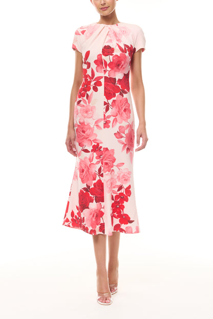 Monique Lhuillier Spring 2026 Powder Pink Multi Rose Ombre Printed Crepe Draped neckline cap sleeve dress - front.