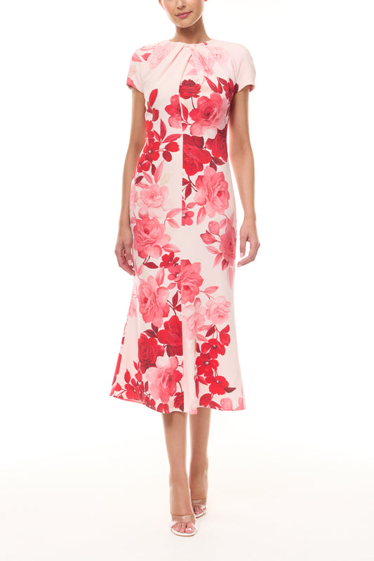 Monique Lhuillier Spring 2026 Powder Pink Multi Rose Ombre Printed Crepe Draped neckline cap sleeve dress - front.