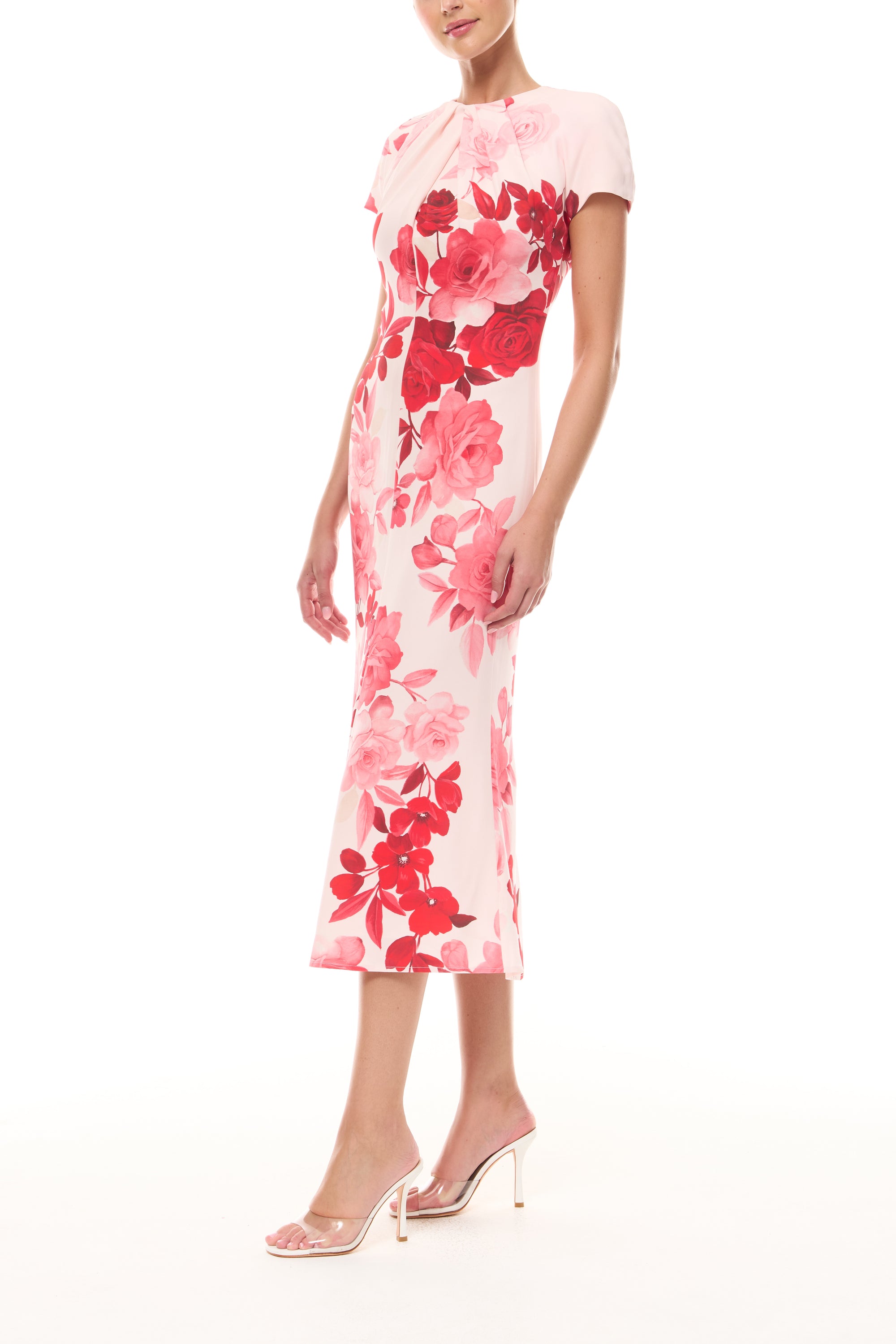 Monique Lhuillier Spring 2026 Powder Pink Multi Rose Ombre Printed Crepe Draped neckline cap sleeve dress - side.