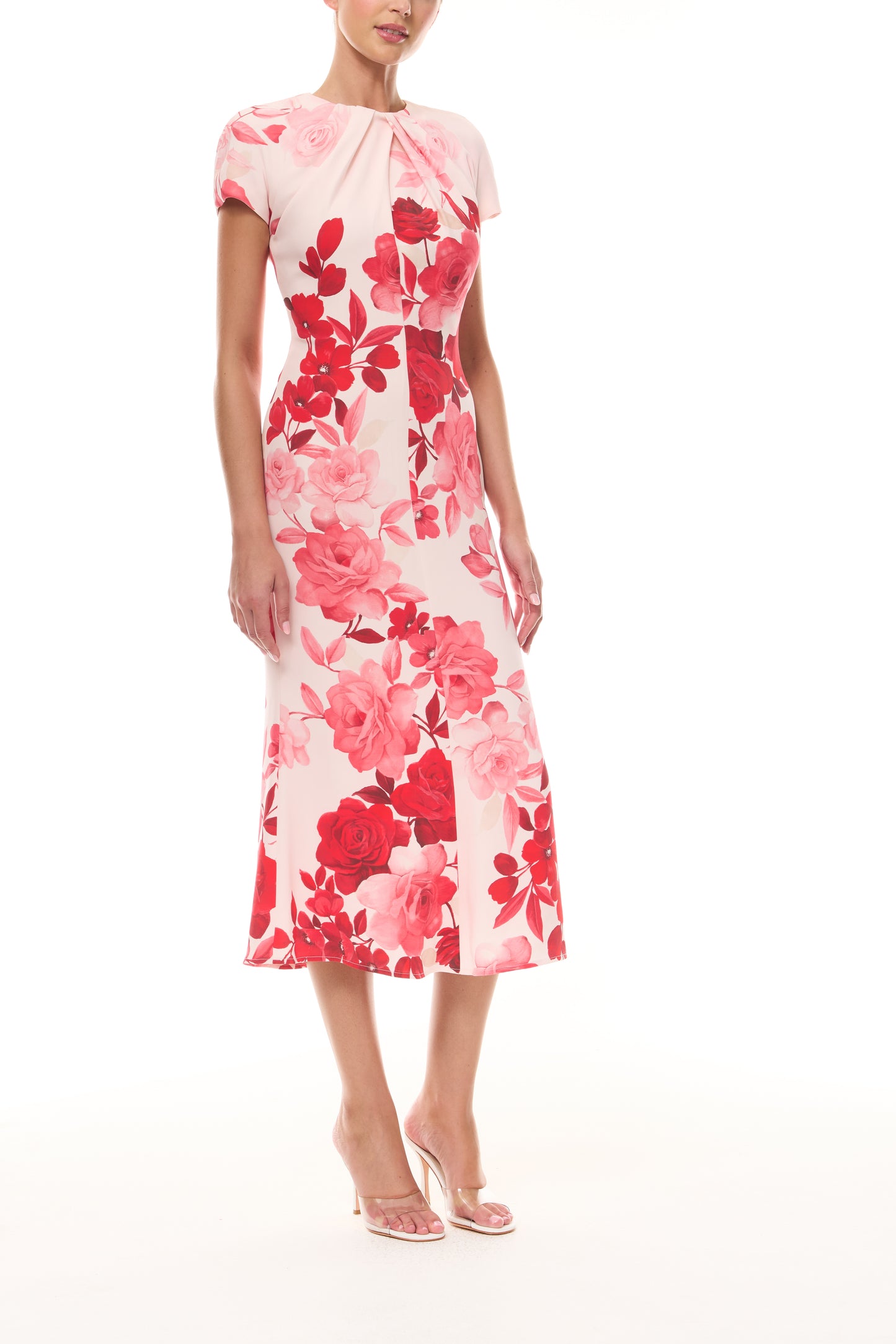 Monique Lhuillier Spring 2026 Powder Pink Multi Rose Ombre Printed Crepe Draped neckline cap sleeve dress - side.