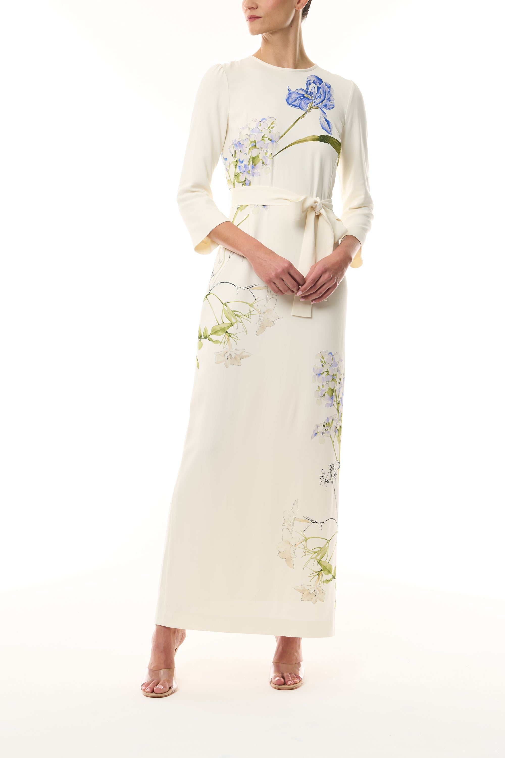 Monique Lhuillier Spring 2026 Ivory/Multi Iris Printed Crepe Bracelet sleeve sheath dress with belt - front.