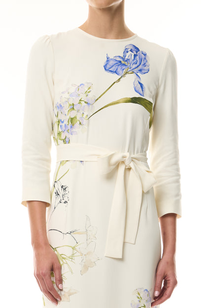 Monique Lhuillier Spring 2026 Ivory/Multi Iris Printed Crepe Bracelet sleeve sheath dress with belt - fabric.
