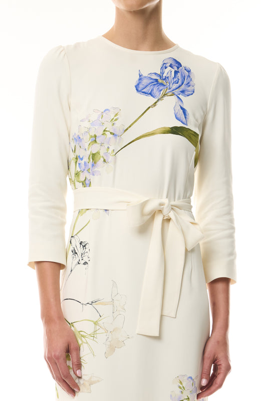 Monique Lhuillier Spring 2026 Ivory/Multi Iris Printed Crepe Bracelet sleeve sheath dress with belt - fabric.