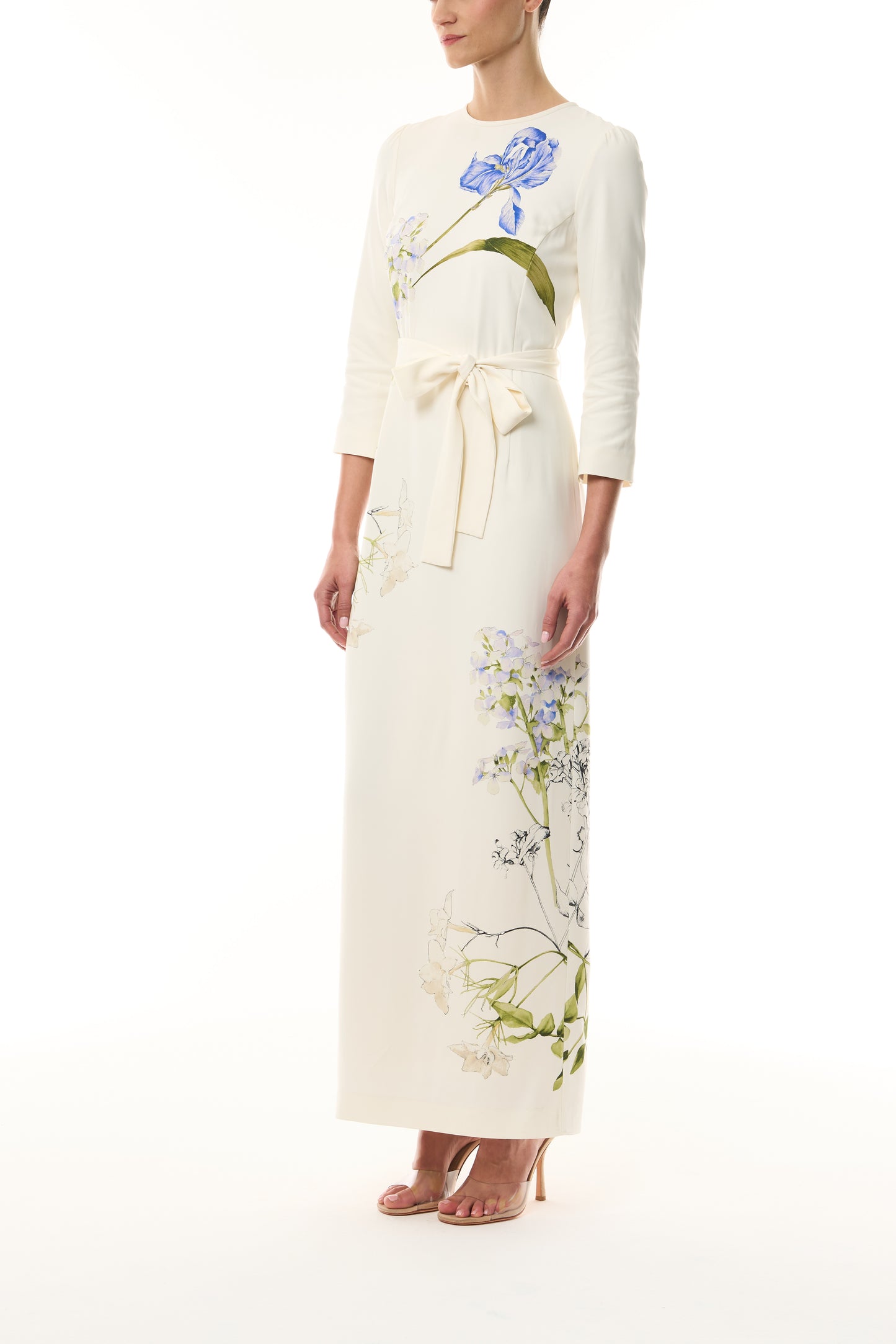 Monique Lhuillier Spring 2026 Ivory/Multi Iris Printed Crepe Bracelet sleeve sheath dress with belt - side.
