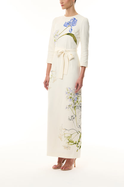 Monique Lhuillier Spring 2026 Ivory/Multi Iris Printed Crepe Bracelet sleeve sheath dress with belt - side.