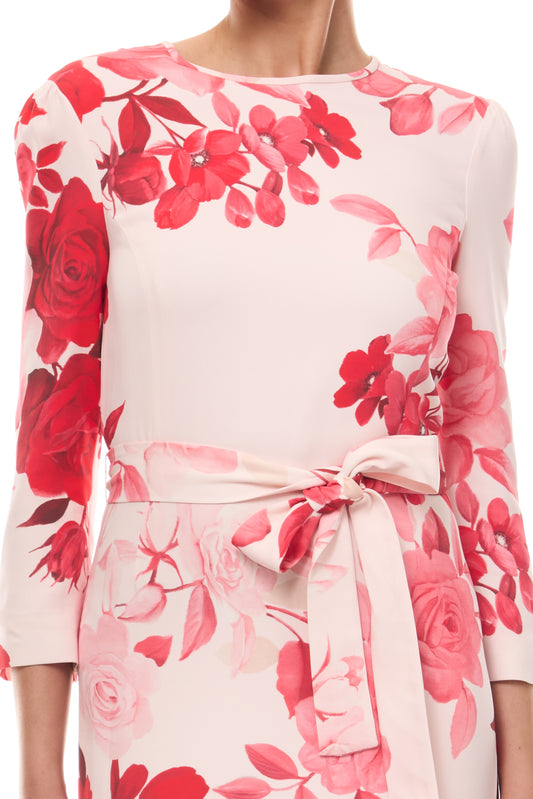 Monique Lhuillier Spring 2026 Powder Pink Multi Rose Ombre Printed Crepe Bracelet sleeve sheath dress with belt -fabric.