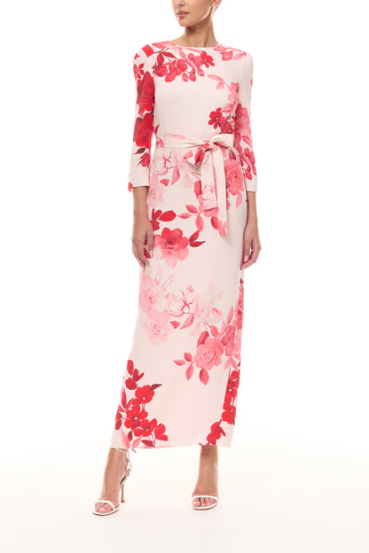 Monique Lhuillier Spring 2026 Powder Pink Multi Rose Ombre Printed Crepe Bracelet sleeve sheath dress with belt - front.