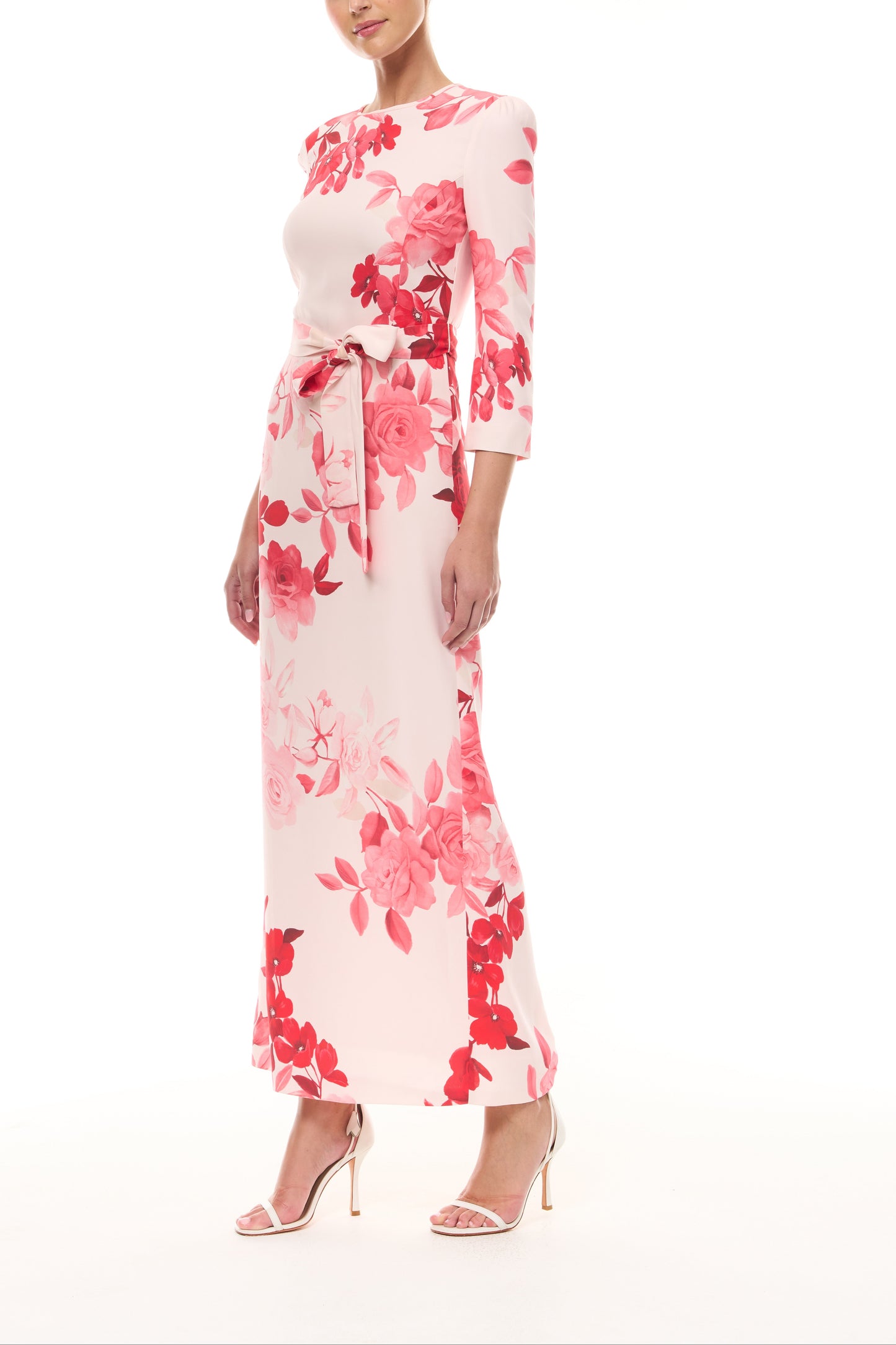 Monique Lhuillier Spring 2026 Powder Pink Multi Rose Ombre Printed Crepe Bracelet sleeve sheath dress with belt - side.