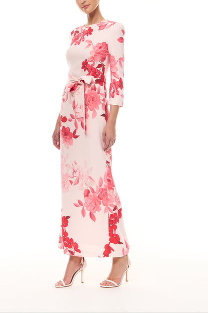 Monique Lhuillier Spring 2026 Powder Pink Multi Rose Ombre Printed Crepe Bracelet sleeve sheath dress with belt - side.