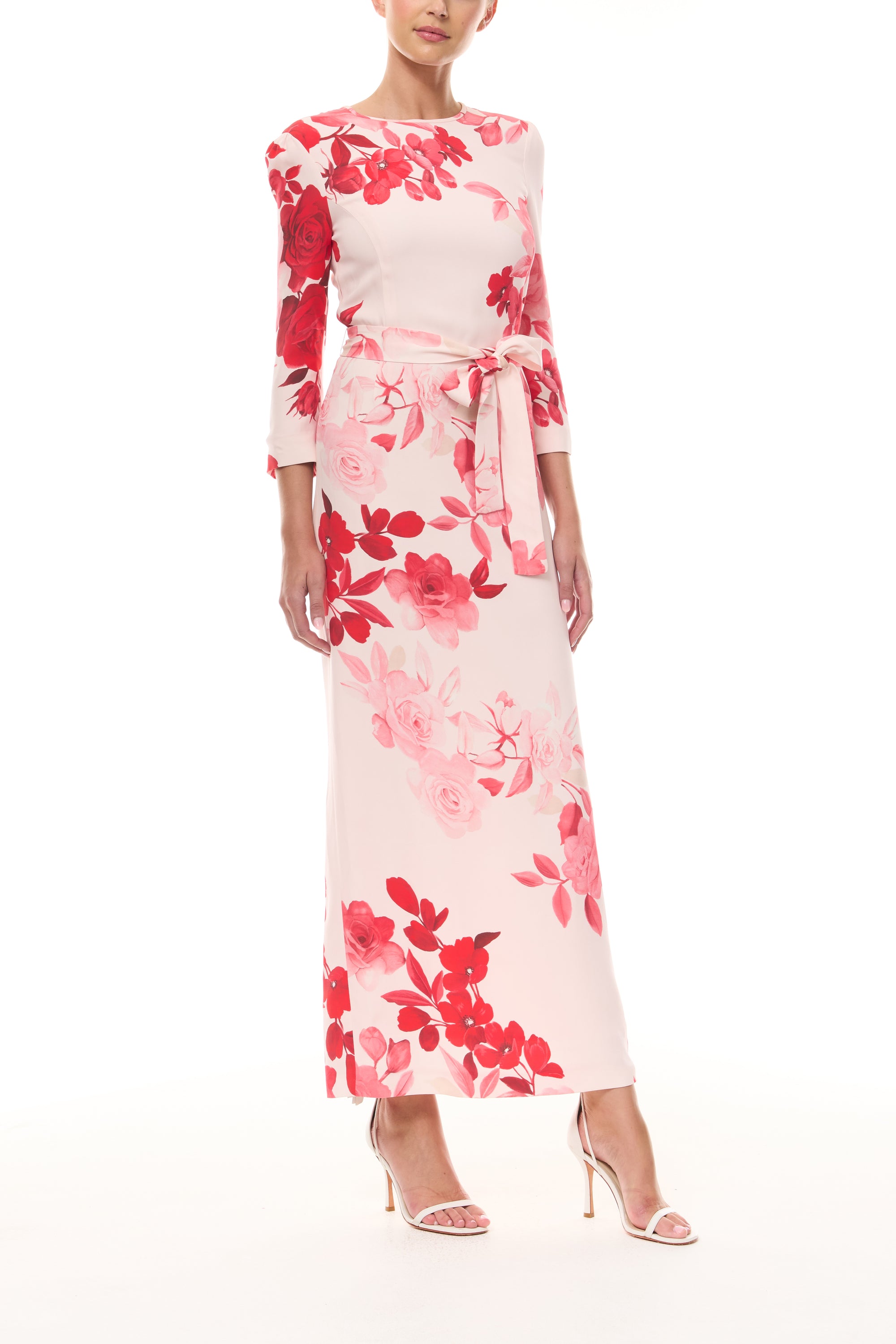 Monique Lhuillier Spring 2026 Powder Pink Multi Rose Ombre Printed Crepe Bracelet sleeve sheath dress with belt - front.
