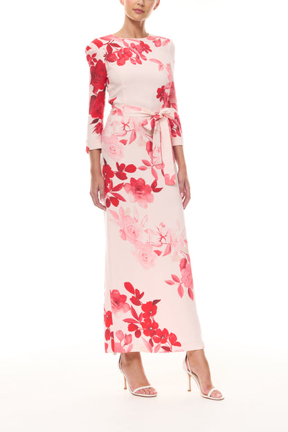 Monique Lhuillier Spring 2026 Powder Pink Multi Rose Ombre Printed Crepe Bracelet sleeve sheath dress with belt - front.