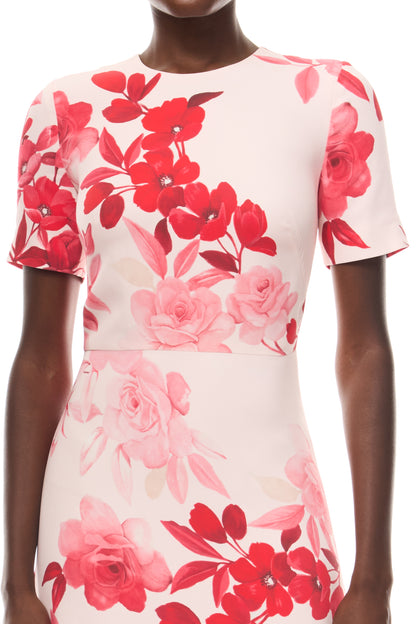 Monique Lhuillier Spring 2026 Powder Pink Multi Rose Ombre Printed Crepe short sleeve floor length gown - fabric.
