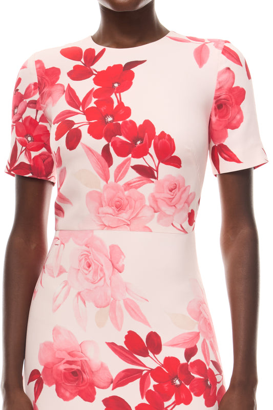 Monique Lhuillier Spring 2026 Powder Pink Multi Rose Ombre Printed Crepe short sleeve floor length gown - fabric.