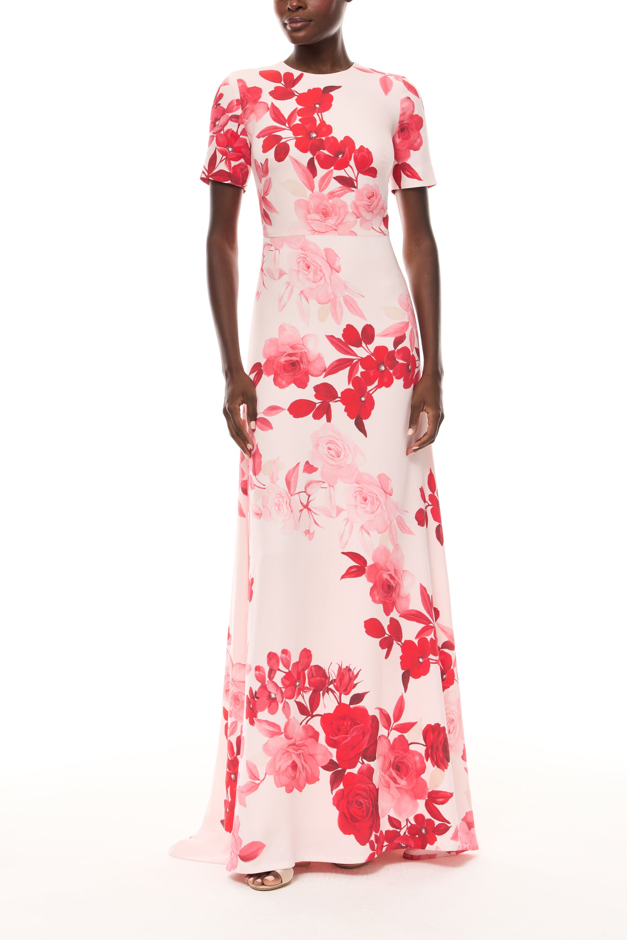 Monique Lhuillier Spring 2026 Powder Pink Multi Rose Ombre Printed Crepe short sleeve floor length gown - front.