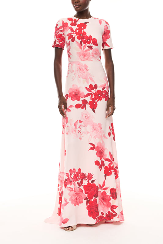 Monique Lhuillier Spring 2026 Powder Pink Multi Rose Ombre Printed Crepe short sleeve floor length gown - front.