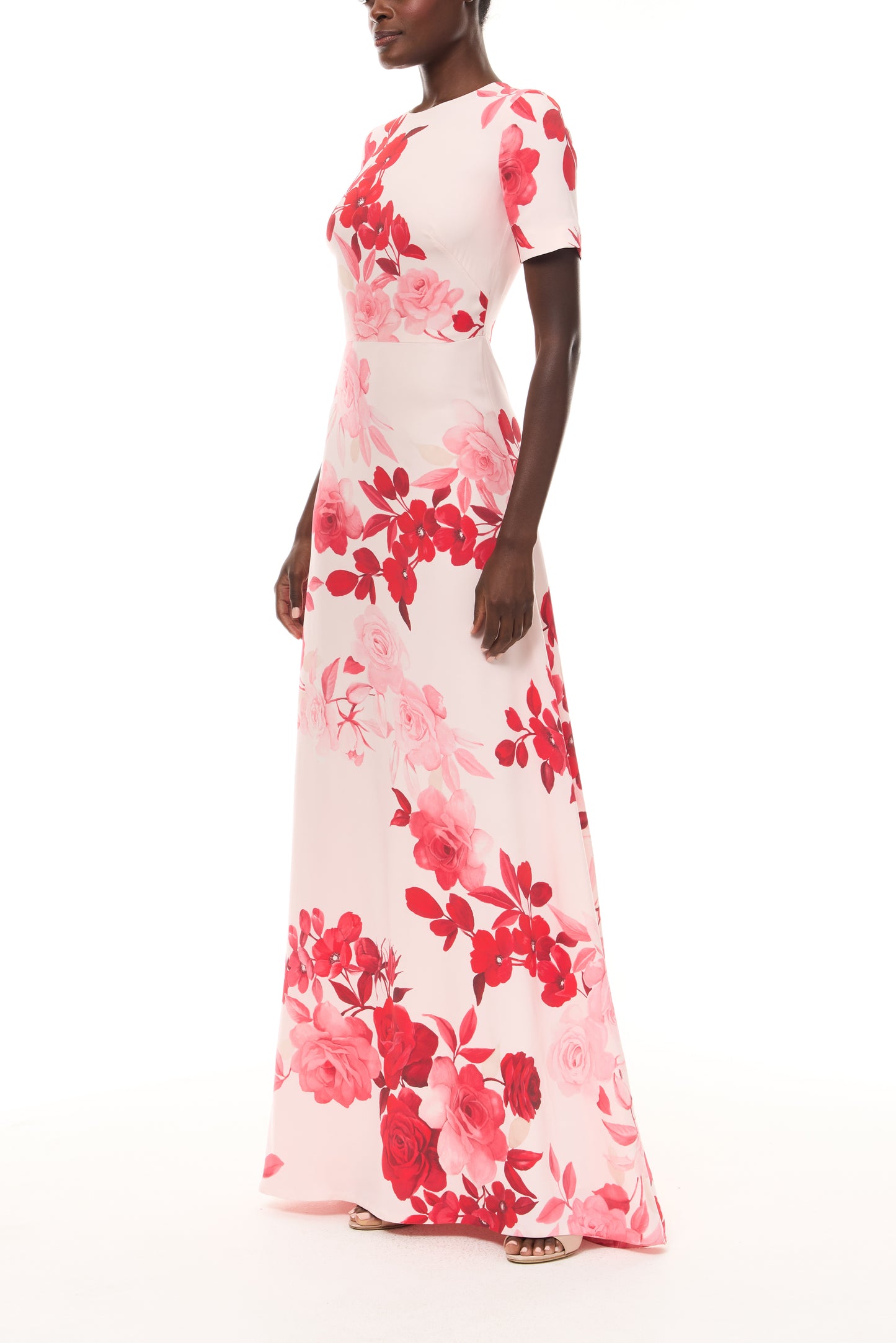 Monique Lhuillier Spring 2026 Powder Pink Multi Rose Ombre Printed Crepe short sleeve floor length gown - side.
