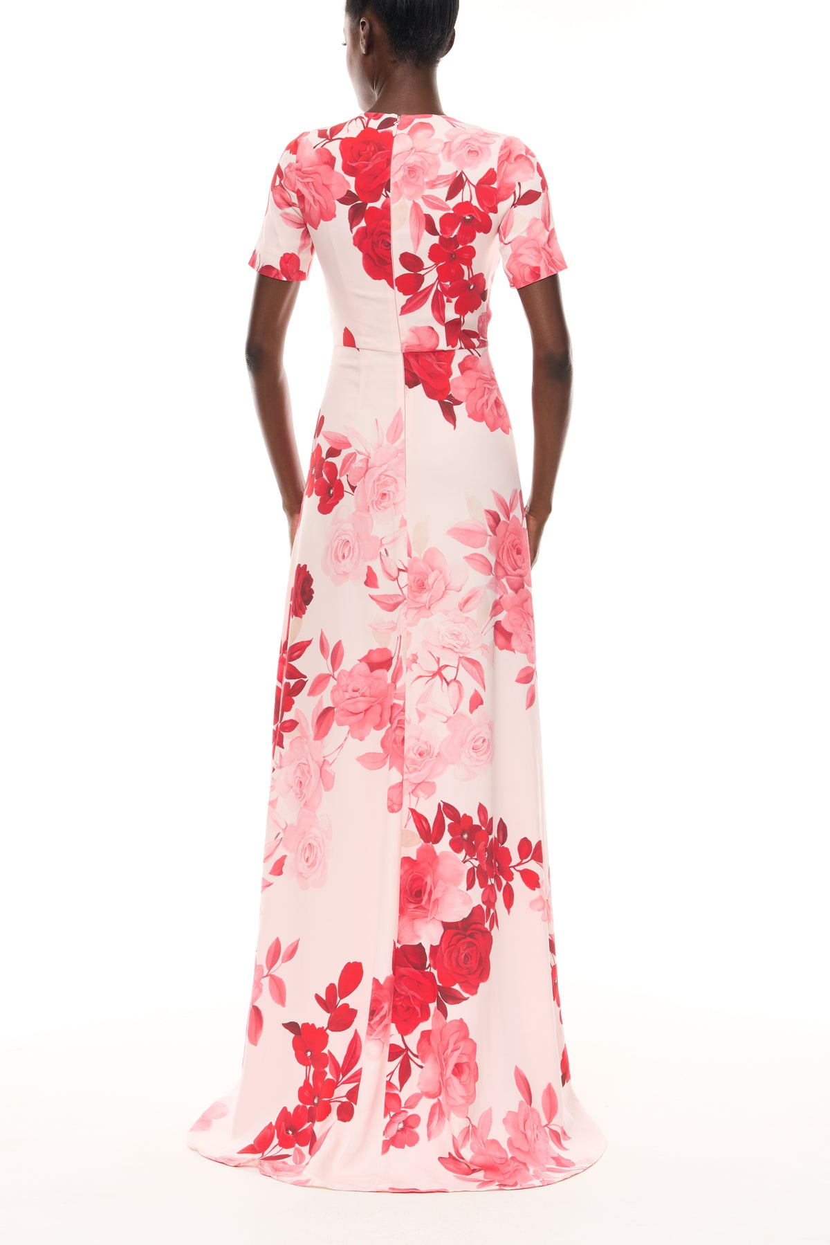Monique Lhuillier Spring 2026 Powder Pink Multi Rose Ombre Printed Crepe short sleeve floor length gown - back.