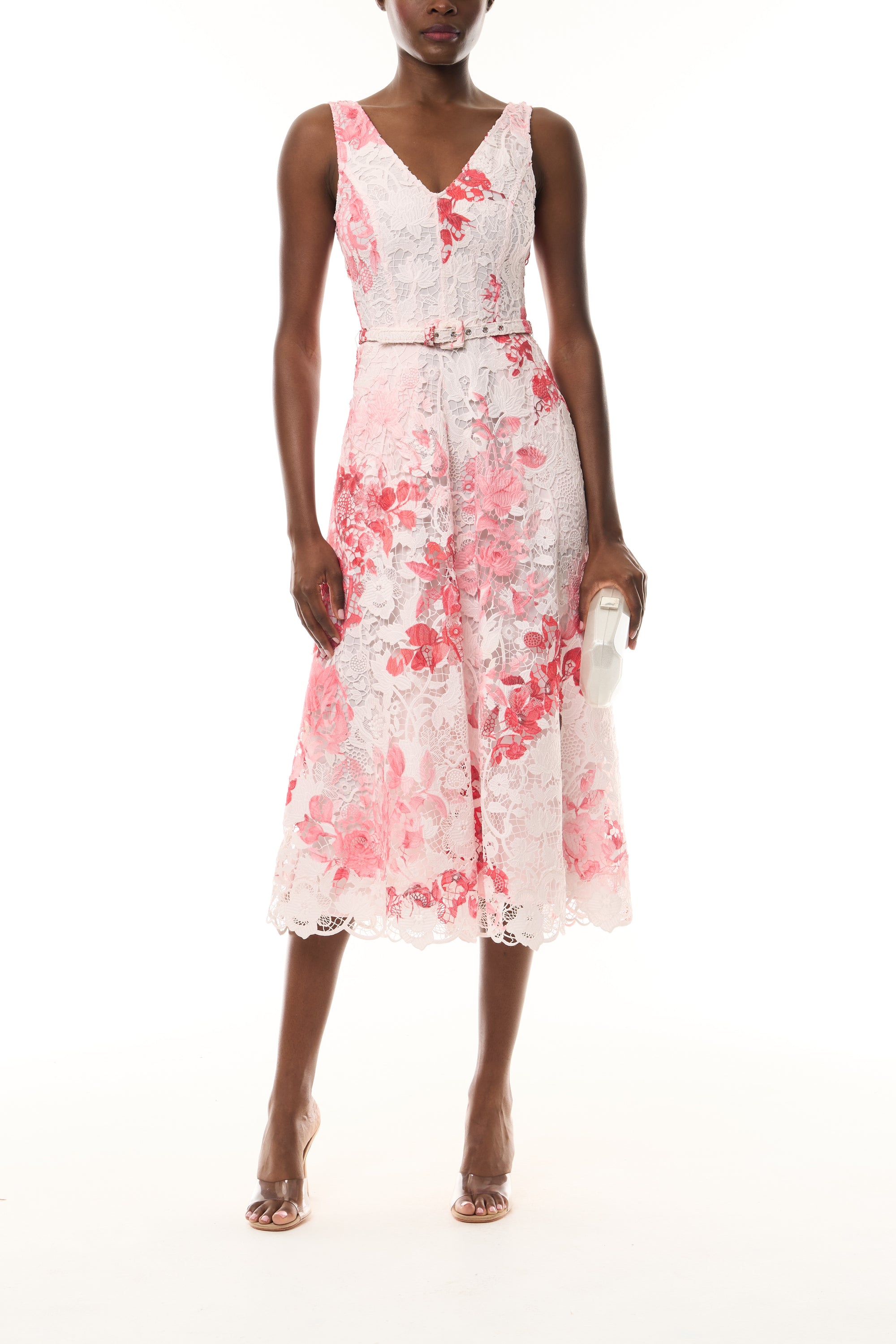 Monique Lhuillier Spring 2026 Powder Pink Multi Rose Ombre Printed Lace V
- neck dress with belt - front with Crystal Dust Dasha Minaudière