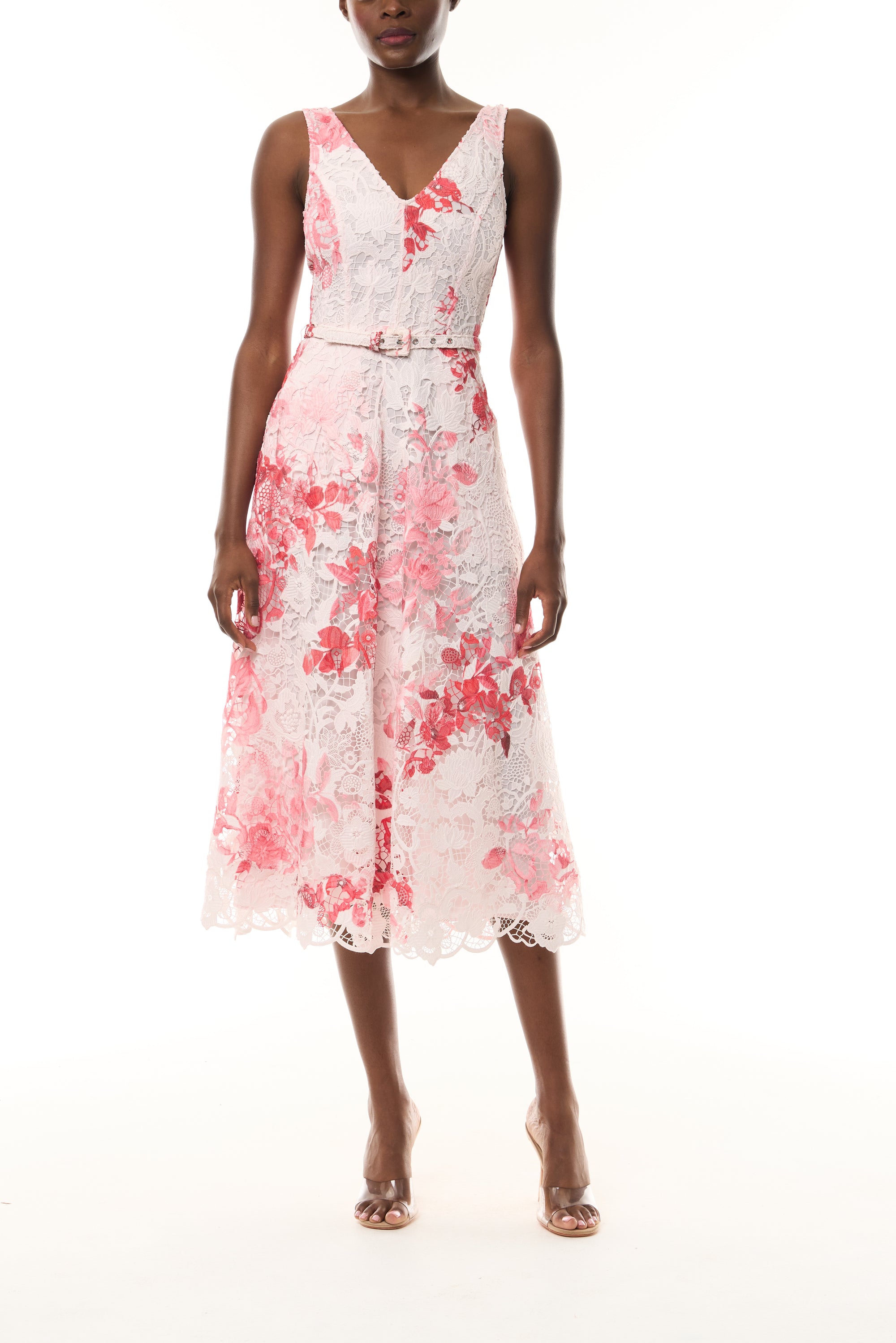 Monique Lhuillier Spring 2026 Powder Pink Multi Rose Ombre Printed Lace V
- neck dress with belt - front.