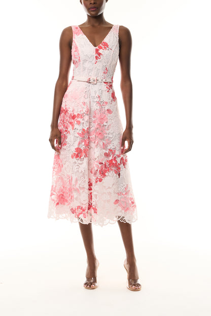 Monique Lhuillier Spring 2026 Powder Pink Multi Rose Ombre Printed Lace V
- neck dress with belt - front.