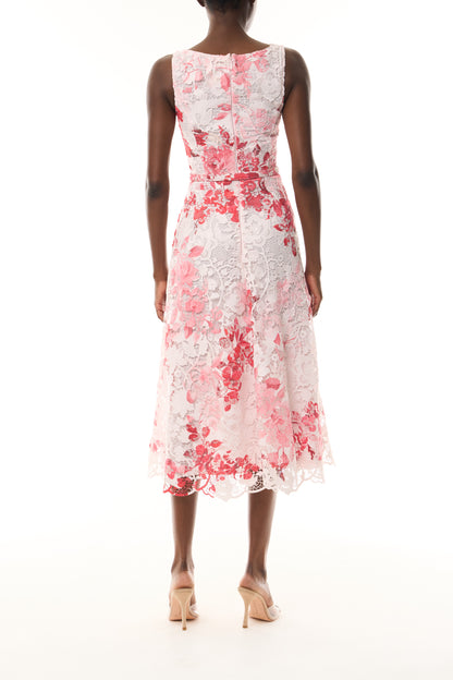 Monique Lhuillier Spring 2026 Powder Pink Multi Rose Ombre Printed Lace V
- neck dress with belt - back.