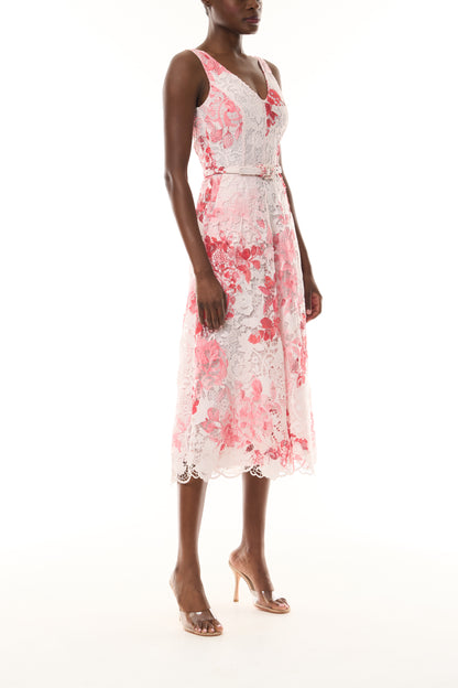 Monique Lhuillier Spring 2026 Powder Pink Multi Rose Ombre Printed Lace V
- neck dress with belt - side.
