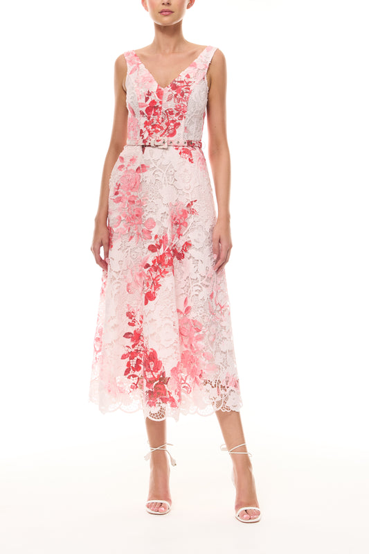 Monique Lhuillier Spring 2026 Powder Pink Multi Rose Ombre Printed Lace V
- neck dress with belt - front.