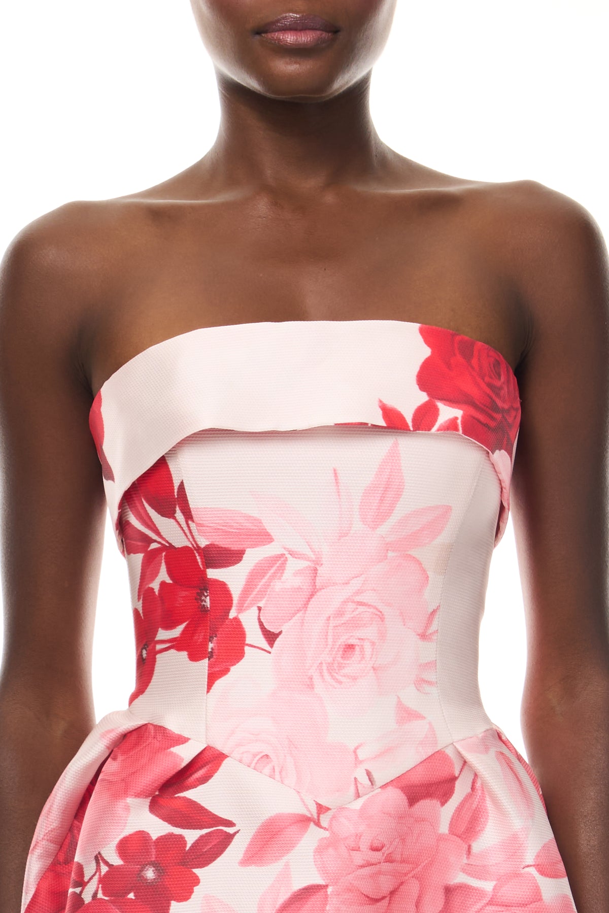 Monique Lhuillier Spring 2026 Powder Pink Multi Rose Ombre Printed Pique Satin Strapless mini dress with pleated skirt - fabric.