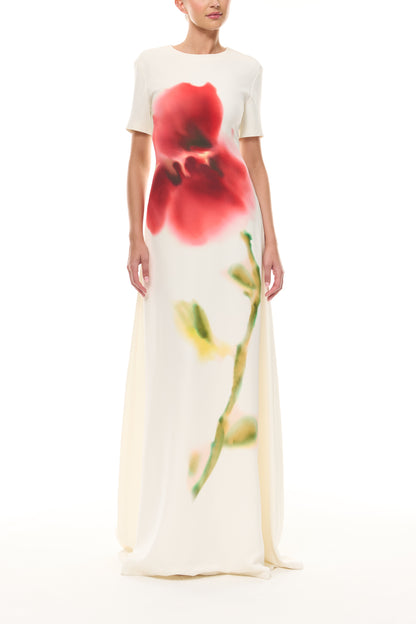 Monique Lhuillier Spring 2026 Ivory/Multi Watercolor Floral Printed Crepe Short -sleeve A-line gown - front.