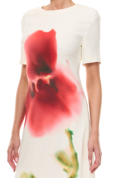 Monique Lhuillier Spring 2026 Ivory/Multi Watercolor Floral Printed Crepe Short -sleeve A-line gown - fabric.