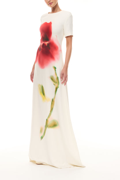 Monique Lhuillier Spring 2026 Ivory/Multi Watercolor Floral Printed Crepe Short -sleeve A-line gown - side.