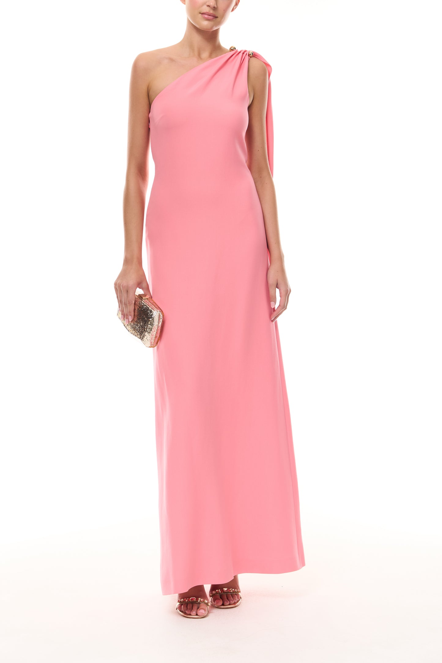 Monique Lhuillier Spring 2026 Plumeria Lighweight Silk Wool Suiting One shoulder draped gown with gold ball piercing - front with gold Dasha. 