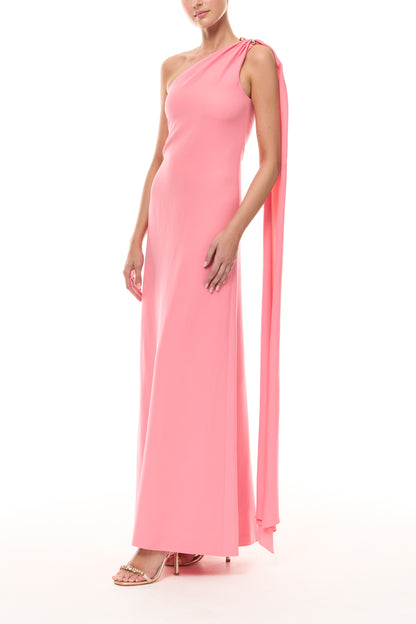 Monique Lhuillier Spring 2026 Plumeria Lighweight Silk Wool Suiting One shoulder draped gown with gold ball piercing -side.