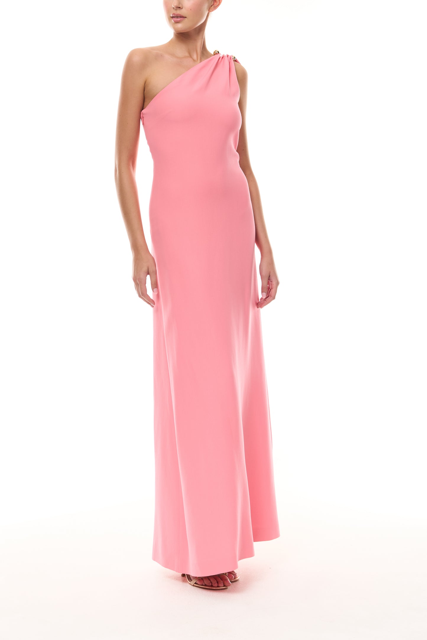 Monique Lhuillier Spring 2026 Plumeria Lighweight Silk Wool Suiting One shoulder draped gown with gold ball piercing -side.
